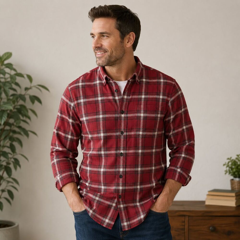 Bonobos Stretch Flannel Plaid Button Down Shirt Red Grey White Casual Men M